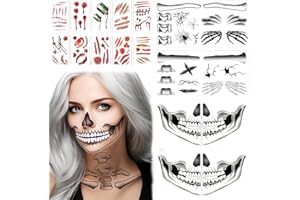 A RAY OF SUNSHINE Halloween Tattoo Gesicht,14 Blatt Halloween Gesichtstattoo,Hallo-ween Mund Tattoo,Totenkopf Tattoo Gesicht,Temporary Tattoo Stickers Set,Zombie Skelett Vampir Kostüm Cosplay Gesichtstattoo