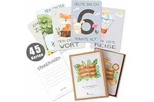 Pikaflor 45 Meilensteinkarten Baby für Junge und Mädchen (handgemalte Tiere, Deutsch) Meilenstein Karten Set mit Geschenkbox + Schöne Geschenkidee zur Geburt, Taufe & Babyparty