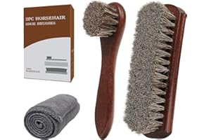 EUVIA Kit Brosse Chaussure 3 Pièces - 100% CRIN de Cheval Naturel - Brosse à Lustrer, Brosse Applicateur (Palot) & Chiffon Microfibre - Set Complet pour Cirage et Entretien des Souliers & Bottes Cuir