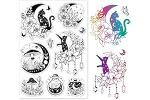 GLOBLELAND Tampons Transparents Lune et Chat pour DIY Scrapbooking Conte de Fées Champignon Silicone Tampon Transparent Sceaux 8.3x5.8pouces Tampons Transparents pour la Fabrication de Cartes