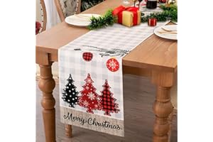 SERENTO Camino de Mesa Navideño Blanco Gris a Cuadros 40x140 cm, Moderno Camino de Mesa de Lino con Cuadrícula, Mantel Navideño, Decoración Cinta con Patrón de Nieve para Decoración Navideña Invierno