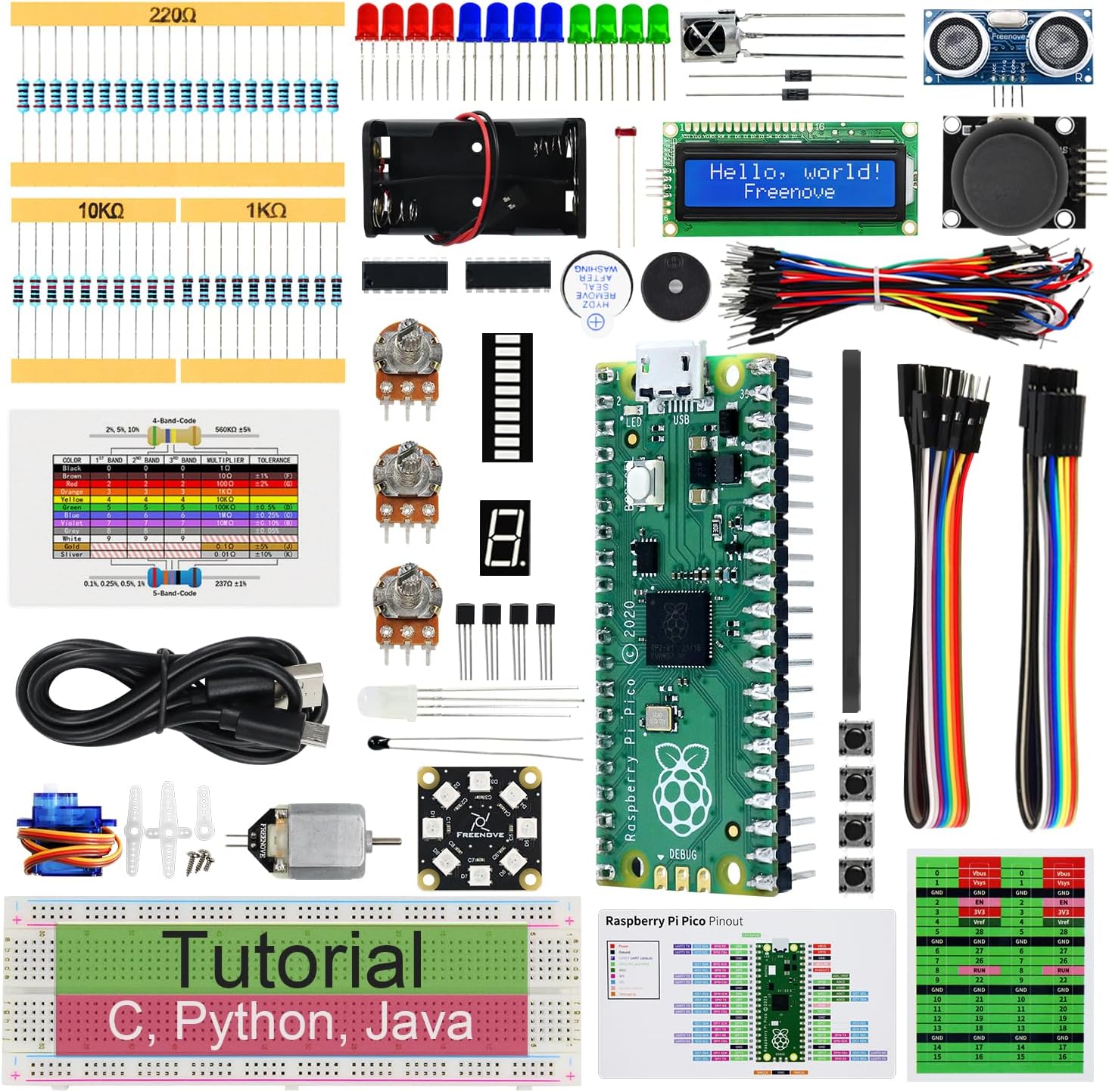 Freenove Super Starter Kit for Raspberry Pi Pico (Included), Dual-core Arm Cortex-M0+ Microcontroller, 588-Page Detailed Tutorial, 177 Items, 94 Projects, Python C Java Code