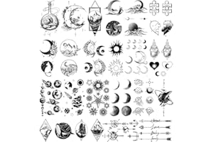Acevegue 30 Fogli Tatuaggi Temporanei, Tatuaggi Finti Adesivi per Adulti Con Pianeti Sole Luna Stelle Cuore, Nero 3D Realistico Piccolo Tatuaggio Per DonnaUomo