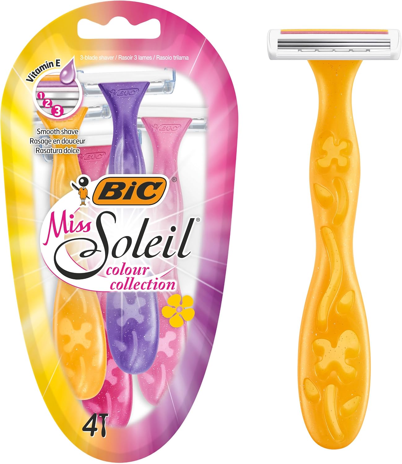 BIC Miss Soleil Colour Collection Razors Women - Colour Collection Triple Blade Disposable Womens Razors with Engraved Flower Handles - Pack of 4