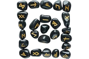 FASHIONZAADI Rune Stone Black Tourmaline Futhark Rune Set Viking Ruin Stones Engraved Stones Crystal Set Runes Elder futhark Rune with Guide Book Gemstones and Crystals Reiki Supplies Feng Shui 15mm