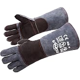 RAPICCA Heat Resistant Leather Fireplace Gloves, 16 Inches Dark Grey | For wood stove, campfire, charcoal, cast iron, barbecu