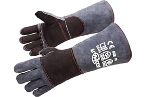 RAPICCA Guantes de soldadura de cuero Forge/Mig/Stick resistentes al calor/fuego, guantes para horno/parrilla/chimenea/horno/soldador/barbacoa/guante de manipulación de animales Gris-Negro 40.6cm