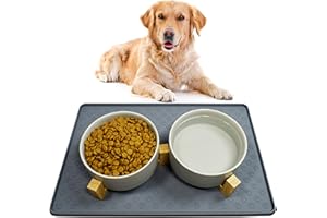 Nesirooh Ciotole per Cani Ceramica, Doppia Ciotola per Acqua e Cibo con Supporto in Bambù e Tappetino Antiscivolo per Cani di Taglia Media (850 ml, 2 Grigio)