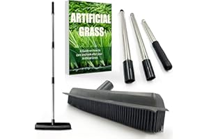 TDBS THE DUSTPAN AND BRUSH STORE Cepillo de césped artificial Astro - Escoba de césped artificial con cerdas de goma suaves y mango de acero inoxidable de 3 secciones, escoba de goma de rastrillo de césped artificial + guía de