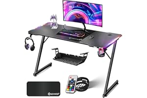 ‎KESSER KESSER® Gaming Tisch LED 140cm x 60cm | Z-Form Gamer Schreibtisch | Kopfhörerhaken & Kohlebeschichtung | Ergonomischer PC Computertisch | Stabiler Tisch & Getränkehalter Schwarz
