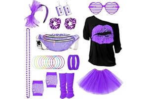 BEAMELY 80s Costume Outfits Accessories Set for Women, 1980s Fancy Dress Party Kits with T-shirt Tutu Bumbag Headband Earring Necklace Fishnet Gloves Leg Warmers Glasses Bracelet Scrunchies for Women Dress up