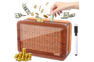 Clheatky Salvadanaio in Legno, Salvadanaio 5000 Euro Riutilizzabile con Obiettivo di Risparmio e Numeri, Salvadanaio Conta Soldi Cash Box con Pennarello per Bambini e Adulti