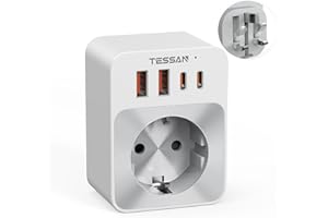 ‎TESSAN TESSAN Adapter Anglia, Niemcy, wtyczka, adapter podróżny 5 w 1 typu G z 2 USB C i 2 USB A, mała składana konstrukcja, adapter gniazda 3250 W Anglia, szybkie ładowanie USB C 20 W, adapter Anglia do UE
