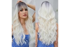EMMOR Perruques Ombré Blond Platine pour Femmes Longues Bouclées avec Frange en Fibres Synthétiques Résistantes à la Chaleur Perruques Quotidiennes d'Aspect Naturel