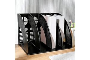 Vurixfo A4 File Holder, 4 Sections Magazine File Folder Desk Organizer Plastic Desk Files Organiser Black Files Storage Folders Document Rack Vertical Magazine Rack for Office Storage and Organiser