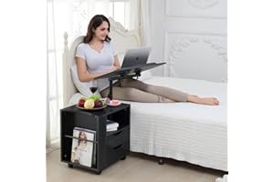 Emall Life Functional Swivel Bedside Table Adjustable Wooden Nightstand with Drawers, Wheels and Open Shelf (Black Walnut)