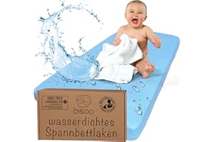 ‎BISOO Bisoo Spannbettlaken 75x100 cm für Lauf, Krabbelgitter und Reisebett - wasserdichte Leintuch Matratzenschoner für Laufgitter Baby - 100% Baumwolljersey Öko-Tex - 1 Stück Blau 100x75 cm