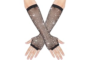 Yolev Netzhandschuhe Lange Fischnetz Fingerlose Handschuhe Netzhandschuhe für Damen mit Strass Fishnet Glänzende Modische Opernhandschuhe für 80er Jahre Kostümparty Halloween Cosplay Zubehör