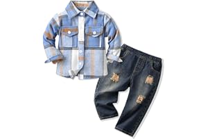 Volunboy 2 Pezzi Flanella Camicia Quadri+ Jeans Blu Strappati, Bambino Maschio Autunno Vestiti Completi Abiti Set