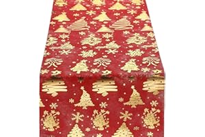 WELTRXE Tischläufer, 28cm × 5m weihnachtsrot Dekostoff aus Polyesterfabern mit vergoldeten Abziehbildern, Tischdeko aus Polyesterfabern zur Einwegdekoration für Festival Geschenkband