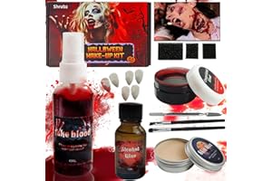 Shrubz Kit Maquillaje de Halloween, 14pcs Gel de Sangre Falsa Cera para La Cicatriz, Latex Maquillaje Heridas, Dientes de Zombie para Cosplay Party Props Fiesta de Halloween Maquillaje Maquillaje