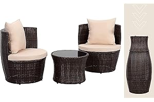 ECASA Stackable Rattan Garden Chairs and Bistro Table Set for Outdoor, Balcony, Patio use. Weather resistant Wicker Garden Furniture Which Stacks for Storage To Make a Vase Shape. (Mixed Brown)