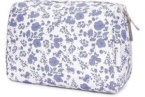 NARWEY Duża kosmetyczka z zamkiem błyskawicznym, podróżny organizer na kosmetyki dla kobiet (mały szarawy niebieski kwiat, rozmiar L)