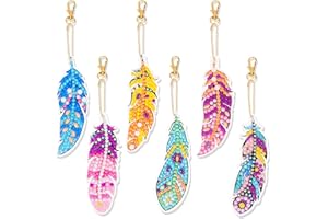 JSRQT 6 Pcs Diamond Art Painting Keyrings, DIY 5D Diamond Pasted Keychains Feather Pattern, Full Drill Diamond Keyrings Pendant, Double-Sided Rhinestone Keychains Set, for Purse, Bag