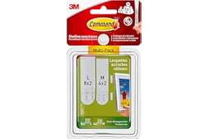 Command Languettes Accroches Tableaux Moyen et Grand Modèles, Blanc, 8 x 2 L + 4 X 2 M Languettes Adhésives - Fixation sans Dommage