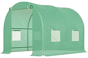 Outsunny Gewächshaus 245x200x198cm Foliengewächshaus Tomatenhaus mit Tür, 4 Fenster, Folientunnel aus verzinktem Stahl, PE, stabiles Treibhaus Pflanztunnel, inkl. Erdanker & Seilen, Grün