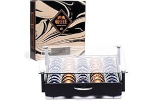 Peak Coffee Plateau Coulissant de Rangement 45 Capsules - Structure en Verre et Métal Noir pour Dosettes Machines à Café Nespresso Vertuo - 36x37x8,5 cm