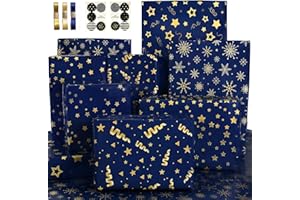 EDUNASS Papier Cadeau Noel Homme Garçon Papier Noel Bleu or Kit Papier Cadeaux Noel Luxe Papier d'emballage de Noël Feuille Bleu foncé Marine Papier d'emballage Cadeau de Noël Papier Emballage Noel Brillant