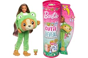 Barbie Cutie Reveal Lalka Piesek-Żaba Seria Kostiumy Zwierzaczki Lalka w kostiumie pieska przebranego za żabkę z 10 niespodziankami, w tym zmianą koloru, HRK24