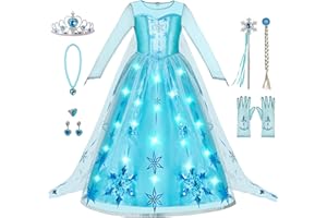 Spooktacular Creations Vestido de Princesa de Hielo Iluminado para Niñas, Conjunto de 8 Piezas con Capa y Luces LED, Perfecto para cumpleaños, cosplay y Halloween