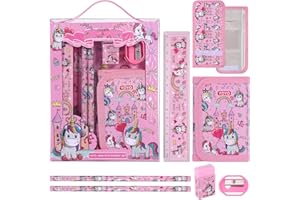 JIANTA Zestaw artykułów piśmienniczych z jednorożcem, zestaw przyborów szkolnych zawiera 2 ołówki, portmonetkę, linijkę, gumkę i temperówkę, prezenty urodzinowe z jednorożcem dla dziewcząt i chłopców