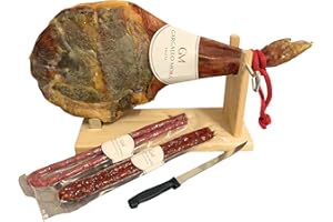 JAMONES GARGALLO MORA - Lote de Paleta Reserva de cerdo Duroc de 4,5 kg curada mínimo 10 meses + chorizo y longaniza de pascua + jamonero y cuchillo - uso exclusivo de sal marina