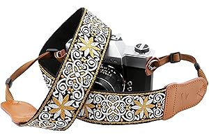 Padwa Lifestyle Correa para cámara - Cabeza de cuero de vaca de doble capa, correa para el cuello de la cámara bordada de algodón de 2"