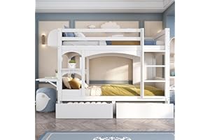 Ctastay Letto per Bambini, Letto a Castello 90x200, con Libreria, Scrivania e Due Cassetti, Rete a Doghe in Legno X2, con Scale e Ripiani, Legno, Bianco, Senza Materasso.