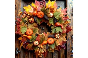 KEKECHAORAN Wieniec ze sztucznych dyni, liść klonu, 45 cm, pergole do dyni, wieńca, jesiennych liści klonu, na drzwi wejściowe, na Święto Dziękczynienia, kolację, imprezę, kominek, dekoracja bożonarodzeniowa