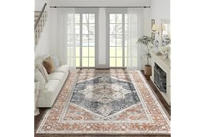Taleta EMILY Washable Rugs for Living Room Large Orange Vintage Boho Area Rug for Bedroom Non Slip Soft Short Pile Traditonal Floor Carpet for Kitchen Dining Room (Orange, 120 x 170 cm)