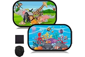FINEVERNEK Tendine Parasole Auto Bambini,2 Pezzi Tendine Parasole per Auto,Parabrezza Finestrino Laterale Protezione Solare e UV, 50X30cm con 8 Ventose e Simpatico Animale, Universale