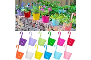 ARTKETTY 13cm Hanging Flower Plant Pots Vase Bucket Set of 12, Large Metal Garden Hanging Planter with Drainage Hole and Detachable Hook for Balcony Railing Fence Home Decor