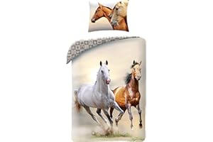 HALANTEX Parure da letto con cavalli, 100% cotone, copripiumino reversibile 140 x 200 cm + federa per cuscino
