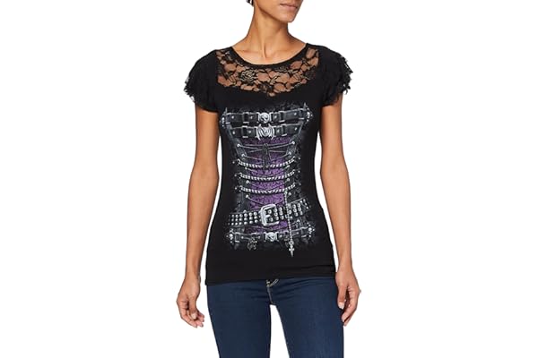 Spiral Waisted Corset Mujer Camiseta Negro Spitzendetails Estrechos
