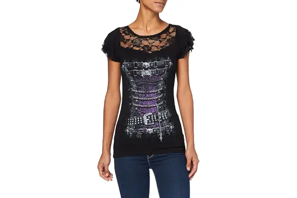 Spiral Waisted Corset Mujer Camiseta Negro Spitzendetails Estrechos
