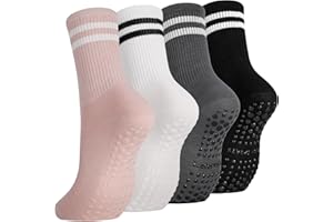 Zuimei 4 Pairs Yoga Grip Socks Women, Non Slip Pilates Socks Grippy Socks Ladies Mid-Calf Grip Socks Breathable Cotton Socks for Ballet, Dance, Workout, Fitness, Running