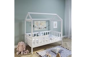 KIDS COLLECTIVE Lit cabane Enfant 90x200 cm avec Protection Contre Les Chutes & sommier à Lattes Blanc pour Filles et garçons Bois de pin Massif