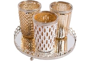 Jinfa | Set da 3 portacandele in vetro e 1 vassoio a specchio | Oro antico