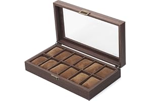 READAEER-Porta Orologi Scatola con 12 posti, Cofanetto per Orologi con Coperchio in Vero Vetro, realizzata in similpelle e fodera in Velluto