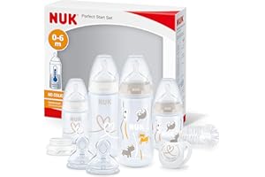 NUK Perfect Start First Choice+ set biberon | 0-6 mesi | 4 bottiglie con controllo della temperatura, succhietto, spazzola per biberon | Senza BPA | safari | 10 pezzi